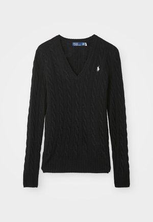 Black cable-knit V-neck sweater with long sleeves, ribbed cuffs and hem, and a small white embroidered logo on the chest.
