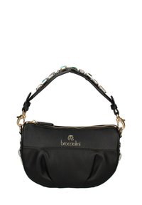 Sac en cuir noir de forme arrondie, fermeture zippée, quincaillerie dorée et une bandoulière décorative avec des accents colorés. Logo embossé à l'avant.