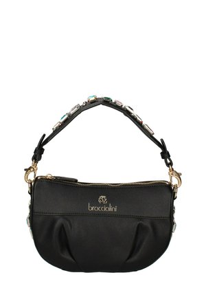 Zwarte leren tas met een afgeronde vorm, ritssluiting, gouden hardware en een decoratieve strap met gekleurde accenten. Logo is op de voorkant gedrukt.