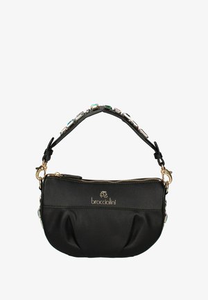 Borsa in pelle nera con forma arrotondata, chiusura con zip, accessori in oro e una tracolla decorativa con accenti colorati. Logo impresso sul davanti.