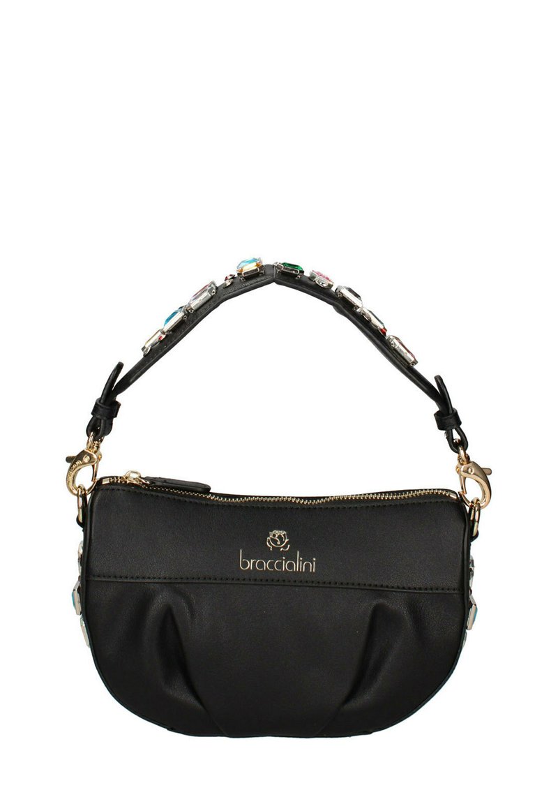 Sac en cuir noir de forme arrondie, fermeture zippée, quincaillerie dorée et une bandoulière décorative avec des accents colorés. Logo embossé à l'avant.