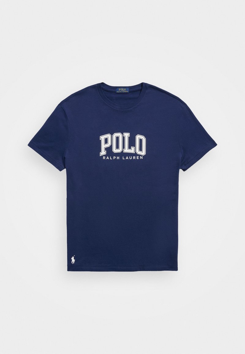 Maglietta in cotone blu navy con collo a giro, con logo bianco "POLO" e testo "RALPH LAUREN". Piccolo logo ricamato sull'orlo.