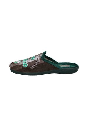 Zapatilla marrón y verde con parte trasera abierta, forro suave y texto y patrones decorativos bordados en la parte superior.