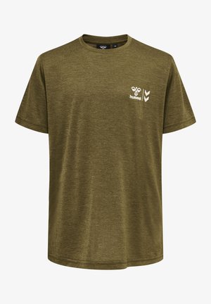 Olijfgroene katoenen t-shirt met korte mouwen, ronde halslijn en een klein wit logo op de borst. Zachte textuur en comfortabele pasvorm.