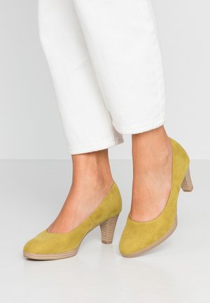 Żółte zamszowe buty na wysokim obcasie z okrągłym noskiem i fakturowanym drewnianym obcasem, zestawione z białymi spodniami typu cropped.