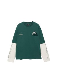 Ciemnozielona koszula z długim rękawem, z białymi warstwowymi rękawami, grafiką góry na piersi, napisem „Quickdraw” po lewej stronie oraz czarnymi, falistymi nadrukami na rękawach.