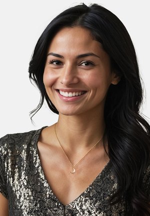 Goldener Halbmondanhänger an einer zarten Kette, getragen von einer Person mit dunklem Haar. Glitzerndes Silberoberteil mit Pailletten und V-Ausschnitt.