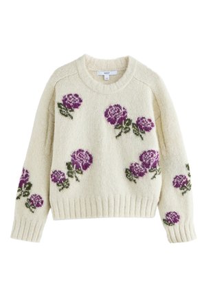 Crèmekleurige gebreide trui met geribbelde zoom en manchetten, versierd met verspreide paarse bloemenpatronen en groene bladeren.