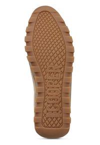 Semelle en caoutchouc brune avec un motif de semelle en diamant profond, présentant le texte en relief "COOPER" au centre et des nervures latérales texturées.