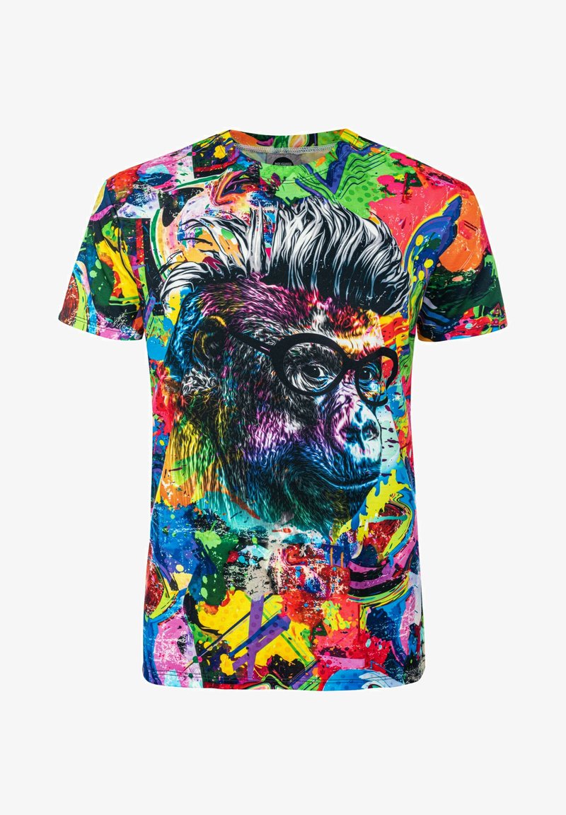 Colorful T-shirt featuring a graphic of a monkey with glasses. The design includes splashes of bright colors and abstract patterns. Cotton material.