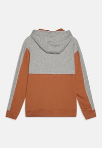 Felpa con cappuccio caratterizzata da un design a blocchi di colore, con pannelli grigi e arancio ruggine, realizzata in un morbido tessuto con polsini e fondo a coste.