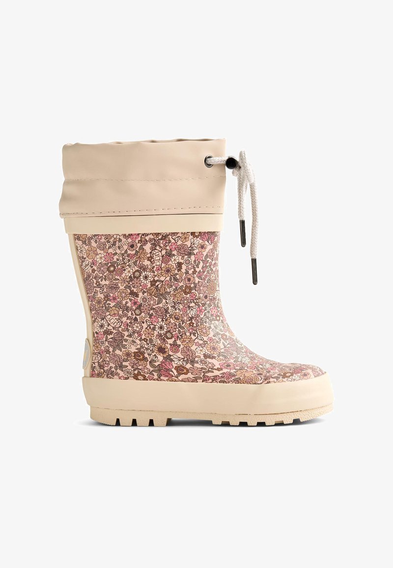 Stivale da pioggia con motivo floreale, tomaia in gomma beige, polsino pieghevole color crema e suola testurizzata per trazione e durata.