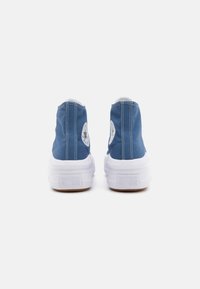 Baskets montantes en toile bleue avec semelle en caoutchouc blanche, patch logo à l'arrière et accents de couture blanche. Texture unie avec design de talon plat.