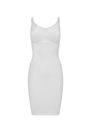 Weißes nahtloses Shapewear-Kleid mit verstellbaren Schulterriemen, entworfen für Körperkonturierung und eine glatte Passform.