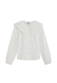 Camisa blanca de manga larga con un gran cuello de broderie anglaise, cierre delantero con botones y hombros fruncidos para un ajuste relajado.
