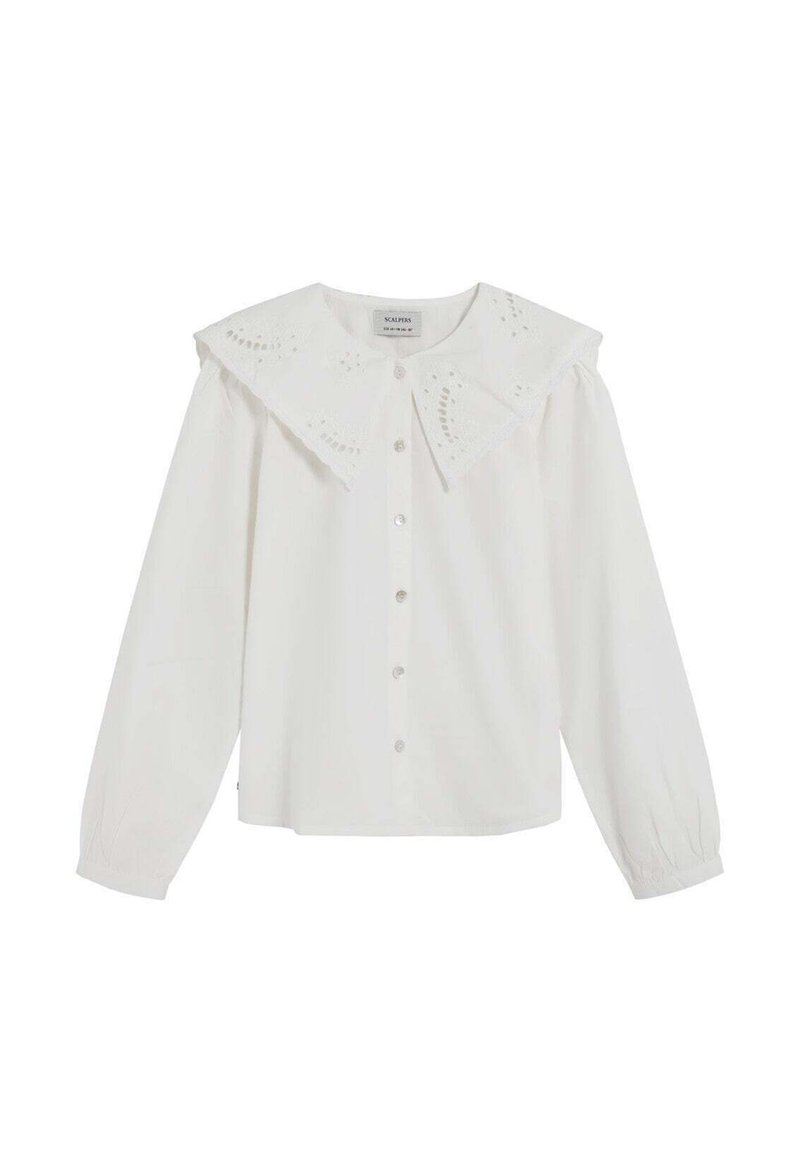 Camisa blanca de manga larga con un gran cuello de broderie anglaise, cierre delantero con botones y hombros fruncidos para un ajuste relajado.