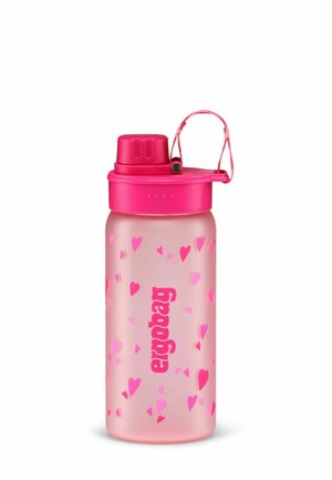 Translucent pink plastic water bottle with heart patterns, a pink cap, and a carrying strap. Features the text "ergobag" in white.