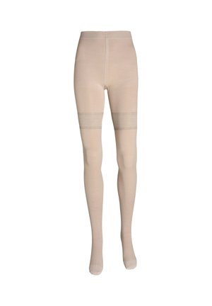 Beige compression stockings with reinforced bands around the thighs, extending from waist to toes on a white background.