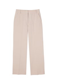 Lys beige skræddersyede bukser, med vide ben, lavet af glat stof, med to forlommer og skarpe folder for et poleret udseende.