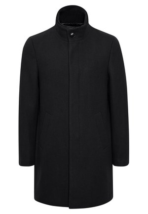 Zwarte mid-lange herenjas met hoge kraag en enkele knoopsluiting, voorzien van twee zijzakken en een verborgen voormonding.