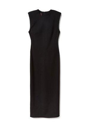 Vestido negro sin mangas, diseño ceñido, hasta la rodilla, hecho de tela lisa con una cremallera oculta en la parte trasera y sin patrones o detalles visibles.