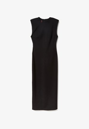 Schwarzes ärmelloses Kleid, figurbetontes Design, knielang, aus glattem Stoff mit einem verdeckten Reißverschluss hinten und ohne sichtbare Muster oder Akzente.