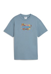 Lyseblå bomulds T-shirt med et farverigt grafisk design med legende dyreillustrationer og tekst på fronten. Korte ærmer og rund hals.