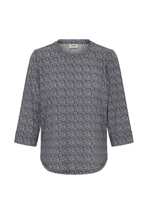 Tumesinine pluus väikese valge lillemustriga, ümar kaelus ja kolmveerandvarrukad. Pehme kangas, kergelt kaardus alläär.