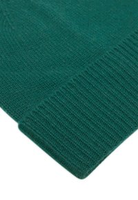 Beanie verde lavorato a maglia con una texture a coste sul risvolto, caratterizzato da un corpo liscio e una vestibilità aderente ed elastica. Il materiale sembra morbido e caldo.