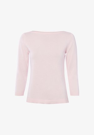 Lichtroze trui met lange mouwen, een boothals en geribbelde boorden en zoom, weergegeven op een witte achtergrond.