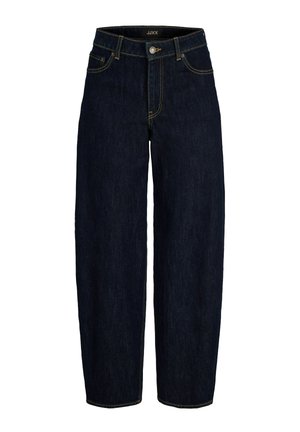 Jeans in denim blu scuro a vita alta con gamba dritta, bottone frontale, chiusura con zip e cuciture gialle visibili.
