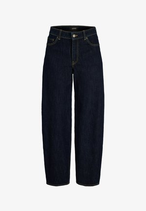 Jeans in denim blu scuro a vita alta con gamba dritta, bottone frontale, chiusura con zip e cuciture gialle visibili.