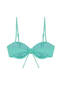 Top de bikini turquesa con copas moldeadas, tirantes ajustables y detalle de nudo en el centro. Fabricado con una tela suave y elástica.