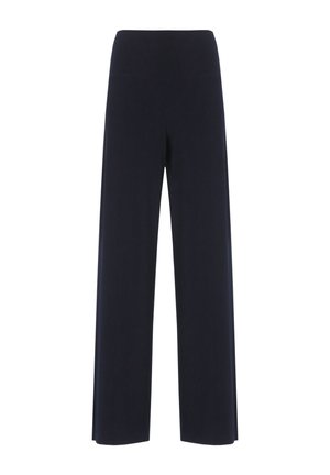 Pantaloni a gamba larga in blu scuro, realizzati con tessuto morbido ed elasticizzato. Presentano una vita alta per il massimo comfort e una silhouette fluida.