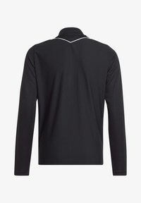 Zwart polo shirt met lange mouwen en een textuurpatroon, voorzien van een opstaand kraag en een witte accentstreep aan de achterkant.