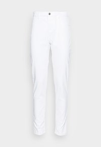 Witte katoenen broek met een slim fit, voorzien van een knoopsluiting, vijf zakken en subtiele stikdetails. Gladde textuur en rechte pijpen.