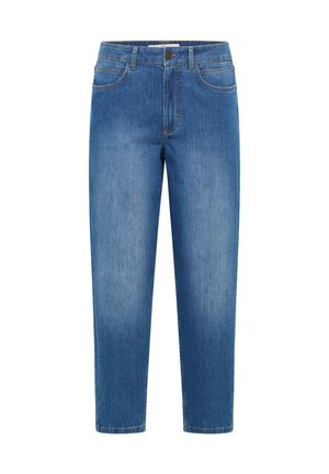 Blaue Jeans mit mittlerer Leibhöhe und geradem Beinverlauf, ausgestattet mit vorderem Knopf- und Reißverschluss sowie Vorder- und Gesäßtaschen und dezenten Verblassungen an den Oberschenkeln.