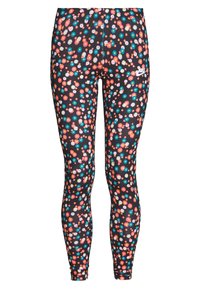 Svarta leggings med ett blommönster som har färgglada prästkragar. Tillverkade av elastisk tyg, åtsittande design, med en liten vit logotyp på framsidan.