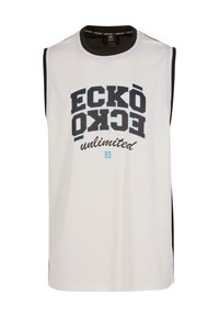 Fehér ujjatlan top fekete díszítésekkel. Feltűnő grafikai szöveg, "ECKŌ UNLIMITED" sötétkék és világoskék színekben. Kerek nyakú.