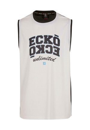 Weißes ärmelloses Tanktop mit schwarzen Akzenten. Auffälliger grafischer Text "ECKŌ UNLIMITED" in Dunkelblau und Hellblau. Gerundeter Ausschnitt.