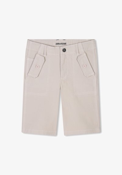 Shorts en coton beige avec deux poches latérales. Présentent des accents de boutons et des détails de couture discrets. Coupe droite et design décontracté.