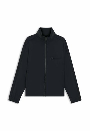 Schwarze leichte Jacke mit Reißverschluss vorn, Stehkragen, langen Ärmeln und einer kleinen Reißverschlusstasche auf der linken Brust.