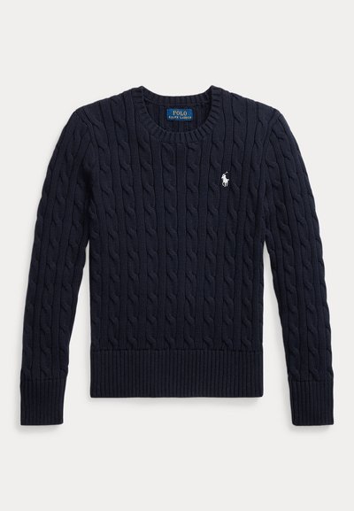 Suéter azul marinho com padrão de malha canelada, com decote e barra em canelado, apresentando um pequeno logótipo de cavalo branco no lado esquerdo do peito.