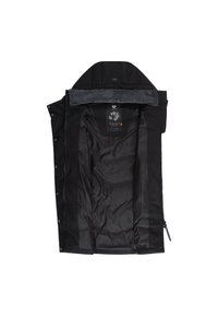 Schwarze Jacke mit genähter Kapuze, weichem grauem Innenfutter, Druckknopfverschluss und Reißverschlusstasche. Das Innere zeigt ein dezentes Muster.