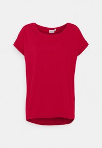 T-shirt rosso a maniche corte con scollatura tonda, maniche arrotolate e orlo leggermente curvo. Realizzato in tessuto morbido e leggero.