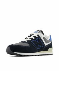 Men’s black, gray, blue, and white New Balance 574 sneaker with white laces, textured sole, and logo on side and tongue, viewed from the front side.