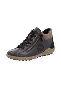 Baskets montantes en cuir noir avec lacets et zip sur le côté, dotées d'un accent en daim, d'une semelle en caoutchouc et d'un détail de logo embossé.