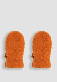 Orange Fleece-Handschuhe mit weicher Textur, runder Form und Nähten an den Seiten für einen engen Sitz. Geeignet für den Einsatz bei kaltem Wetter.