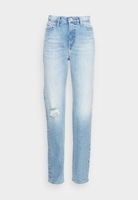 Ljusblå denimjeans med hög midja, rak passform och med en nött reva vid vänster knä. Blekt färg genomgående.