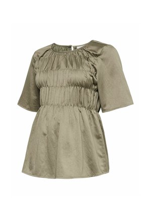 Bluzka z krótkim rękawem w oliwkowym kolorze, z marszczonym elastycznym zdobieniem na przodzie oraz okrągłym dekoltem z zapięciem na guzik z tyłu.